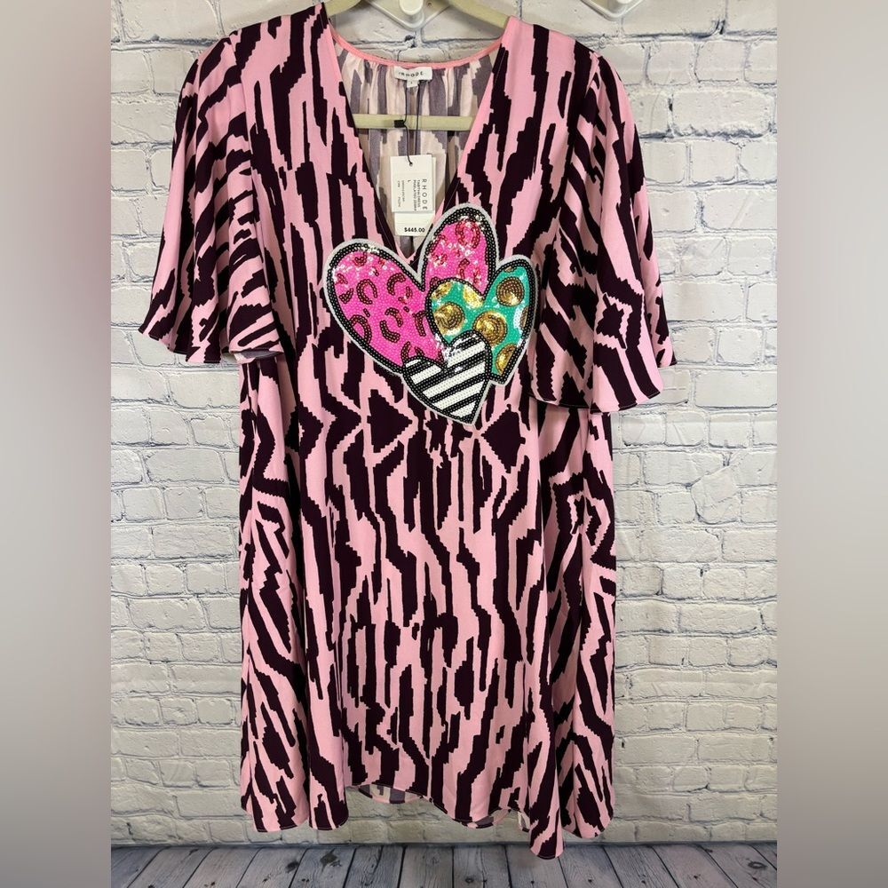 Rhode Tabitha Pink Purple Pixilated Zebra Print Hearts Applique Mini Dress S